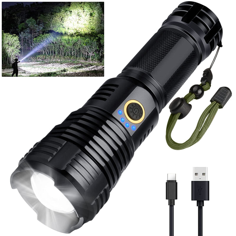 Rechargeable LED Flashlights, 90000 High Lumens Flashlight, XHP70 Tactical Flashlight with Zoomable, 5 Modes, Military Grade Waterproof Super Bright Flashlights for Emergencies, Camping, Hiking FM