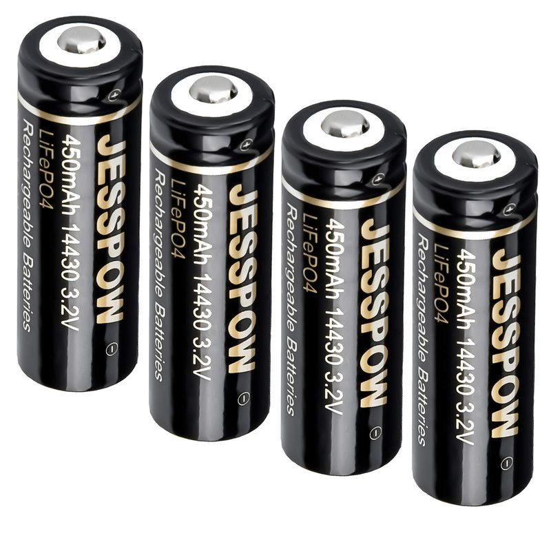 14430 Battery, JESSPOW 14430 3.2V 450mAh LiFePo4 Rechargeable Solar Batteries for for Solar Panel Outdoor Garden Lights, Solar Panel Light, Tooth Brush, Shaver, Flashlight (4 Pack) 4 Pack