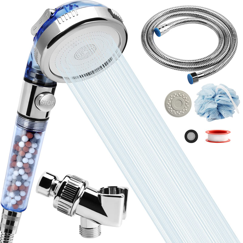 Shower Head with Hose and Hose Holder, 59 inches Expandable Shower Hose Extra Long for Bathing Toilet Cleaning, Leakproof Flexible Shower Hose Extension for shower head, Adjustable Shower Hose Holder Blue With Hose & Holder