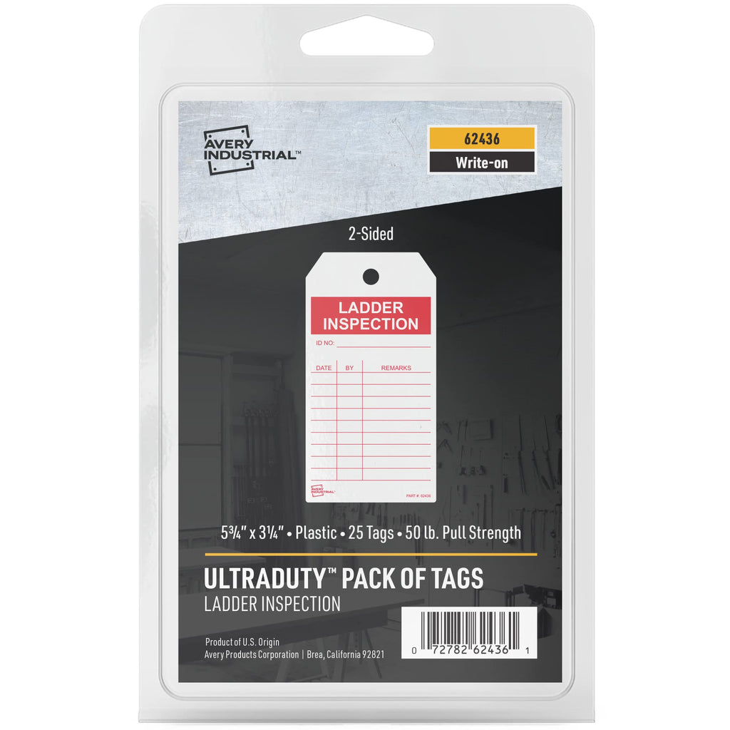 Avery UltraDuty Inspection Tags, 25 pack, 5.75" x 3.25" Durable Plastic Ladder Inspection Hang Tags (62436)