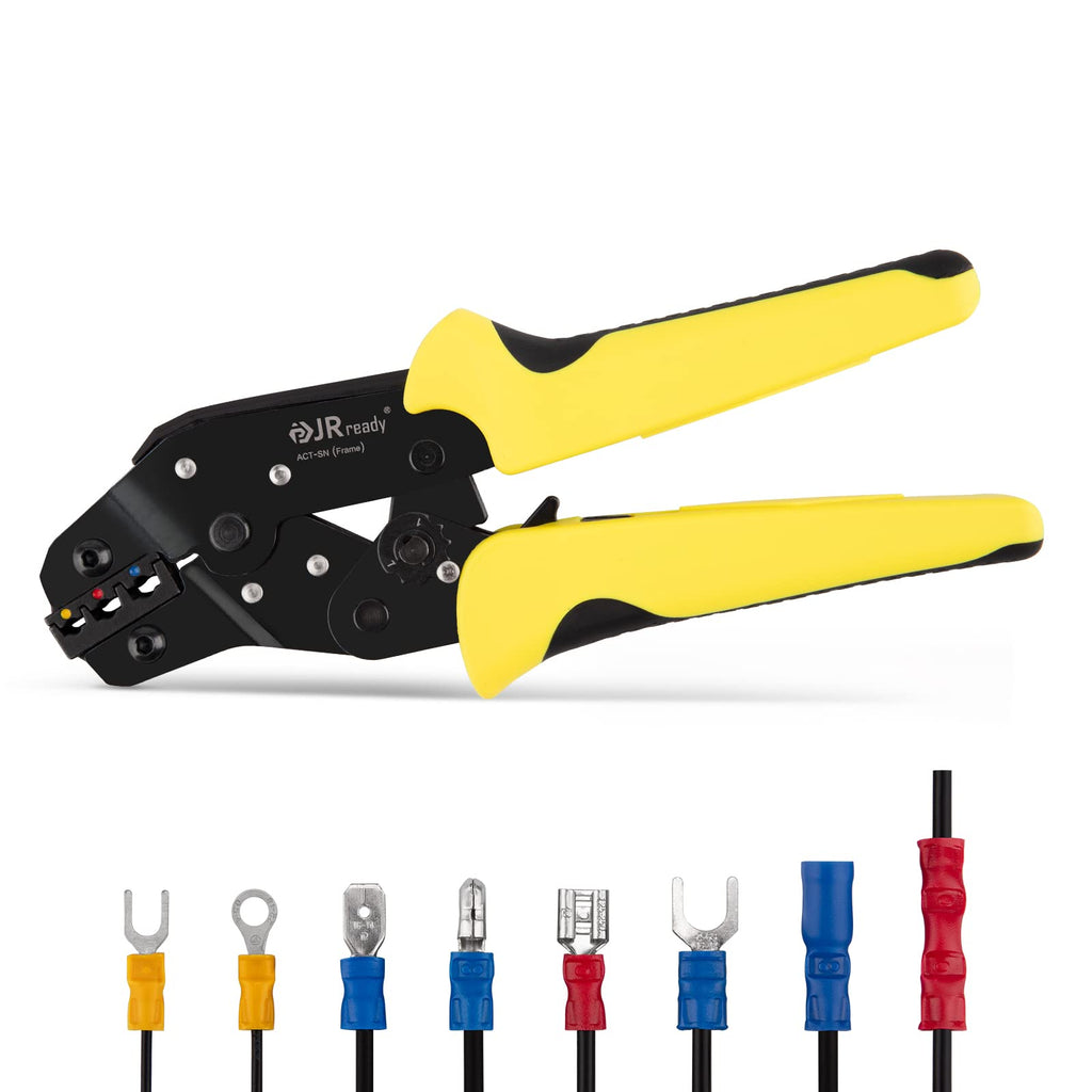 JRready Ratcheting Wire Crimper Tool for Insulated Terminals Connector 24-14AWG with 3 Crimping Cavities, Hand Crimping Pliers ACT-SN-02C