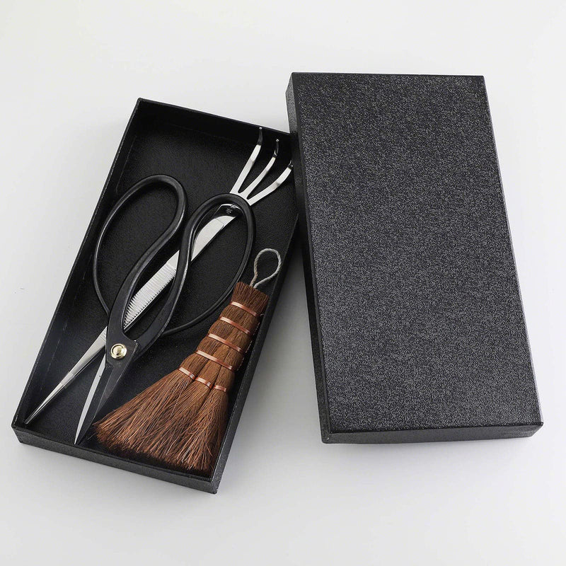 Wazakura Japanese Bonsai Garden 3PCS Tool Starter Kit, Made in Japan, Traditional Bonsai Scissors, Stainless Tweezers with Rake, Chinese Broom. Beginner Set wit Tweezers, Shears and Brush 3PCS Bonsai Set with Bonsai Scissors