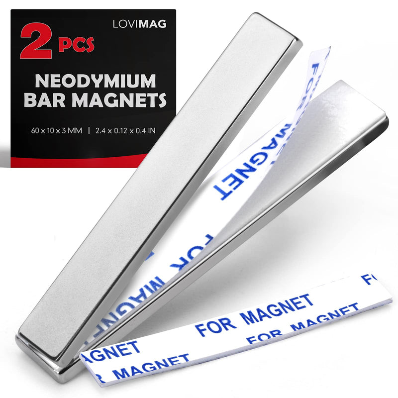 LOVIMAG Strong Neodymium Bar Magnets with Double-Sided Adhesive, Rare Earth Metal Neodymium Magnet for Fridge, Scientific, Shower Door, Office etc, 60 x 10 x 3 mm, Pack of 2 B-60x10x3-2p