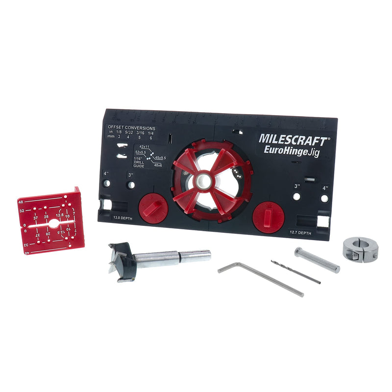 Milescraft 1342 Euro Hinge Jig• Concealed Hinge Jig for Framed & Frameless Cabinets• Automatically Aligns to 6 Common Hinge Settings• Metal Drill Guide Produces Perfect Hinge Holes– 35mm Bit Included