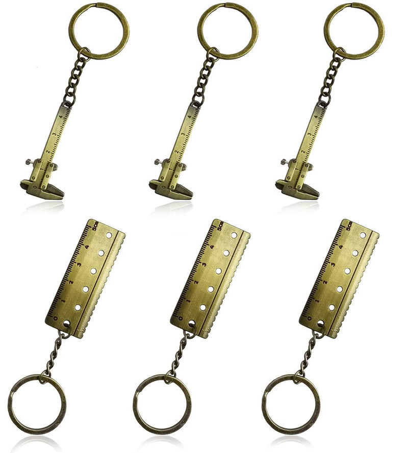 Hyamass 6Pcs Retro Mini Vernier Caliper and Straightedge Keychain Zinc Alloy 3D Movable Vernier Caliper Key Chain Precision Miniature Pocket Vernier Caliper Keyring
