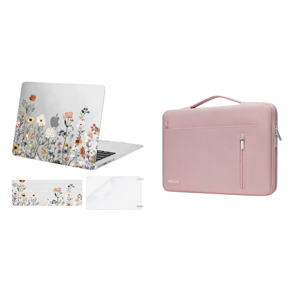 MOSISO Compatible with MacBook Air 13 inch Case A1369 A1466 2010-2017, Plastic Garden Flowers Hard Case&Horizontal Bag with Trolley Belt&Right Pocket&Keyboard Cover&Screen Protector,Transparent&Pink