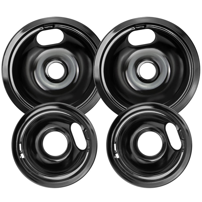 W10290350 W10290353 Porcelain Burner Drip Pan Bowls Replacement by Blutoget - Fits Whirl-pool Electric Range Cooktop Includes 2 Pack 8-Inch and 2 Pack 6-Inch Pans(Black Porcelain)