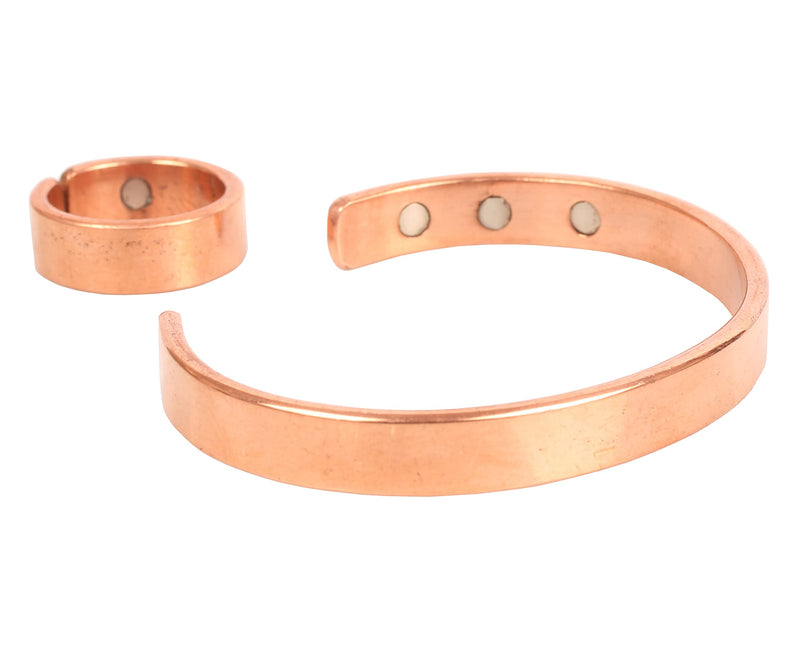Touchstone Indian Hand Crafted Magnet Healing Copper Bracelet and Identical Finger Ring Chakra Jewelry Cuff Gift for Women and Men. Copper Plain