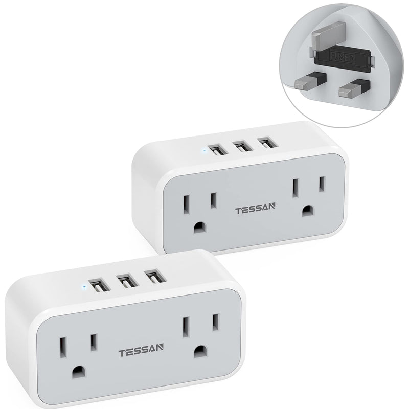 US to UK Plug Adapter 2 Pack, TESSAN Type G Plug Converter with 2 Power Outlet 3 USB Charger, Travel Adaptor for USA to London Ireland Scotland England British Dubai Kenya Irish