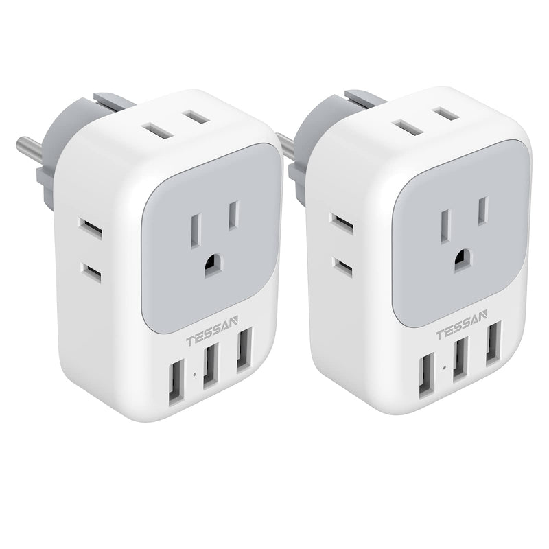 Type E F Plug Adapter 2 Pack, TESSAN Germany France Power Adapter, Schuko Outlet Converter with 4 AC Outlets 3 USB Ports, Travel Adaptor for US to Europe EU Spain Iceland Korea Russia German French Type E/F- Germany/France