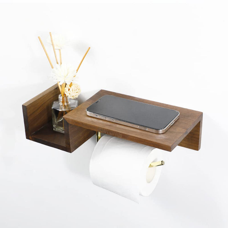 CRAFT KITTIES Toilet Roll Holder with Phone Shelf, Toilet Paper Holder for Bathroom, Wall Mounted Toilet Paper Roll Holder, Wooden Toilet Paper Holder, Toilet Paper Storage Black Walnut
