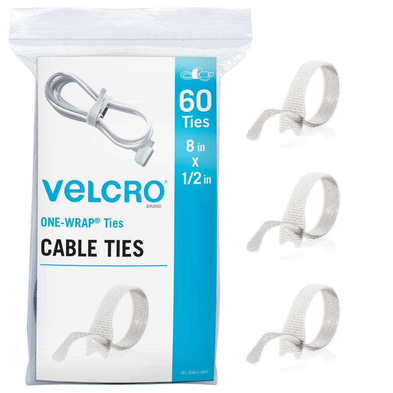 VELCRO Brand White Cable Ties Heavy Duty | 60Pc Bulk Pack | 8 x 1/2" ONE-WRAP Straps | Strong Reusable Wire Management | Cord Bundling for Home Office and Data Centers (Packaging May Vary)