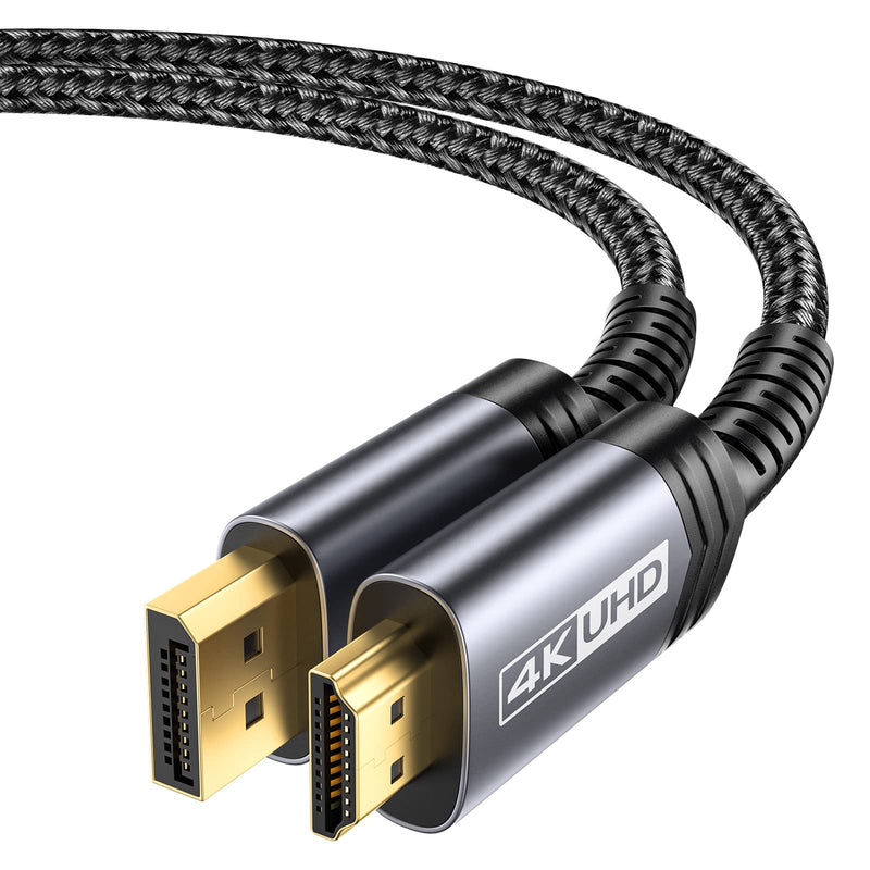 4K DisplayPort to HDMI Cable 6.6FT, JSAUX DP to HDMI Video UHD 2K@120Hz/4K@30 Nylon Braided DP to HDTV Uni-Directional Cord for Dell, Monitor, Projector, Desktop, AMD, NVIDIA, Lenovo, HP-Grey Grey 1