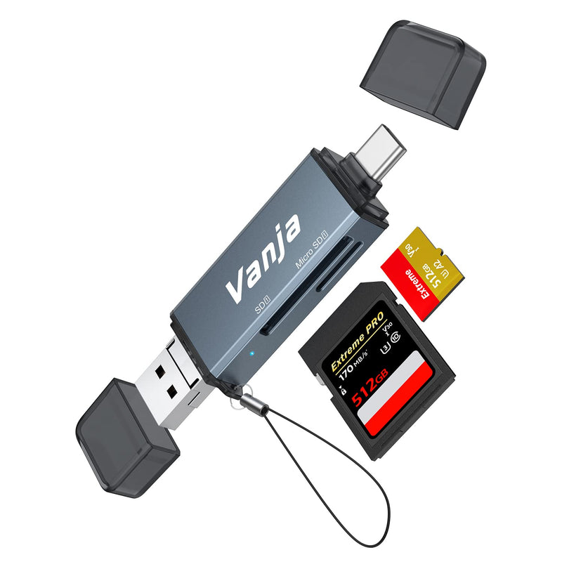 Vanja 3 in 1 Micro SD Card Reader, USB-C USB-A Micro USB Portable Memory Card Reader, Camera SD Card Adapter for SD, SDXC, SDHC, MMC, RS-MMC, Micro SD, Micro SDXC, Micro SDHC and UHS-I Cards