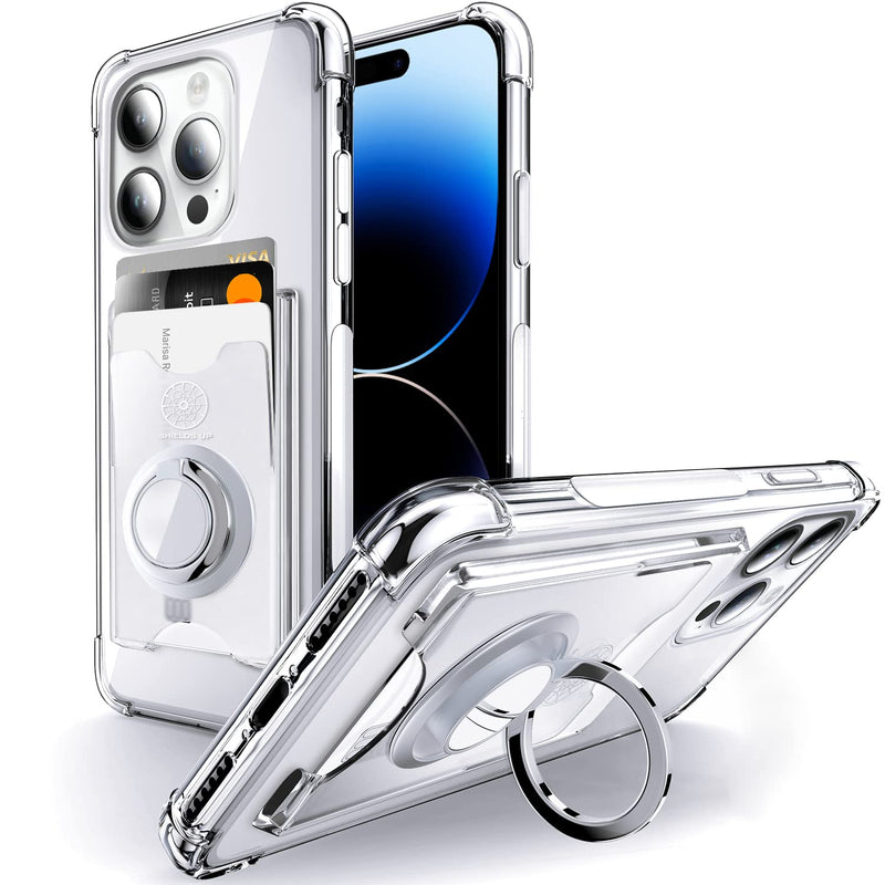 Shields Up Designed for iPhone 14 Pro Max Case, Minimalist Wallet Case with Card Holder (3 Cards) & Ring Kickstand/Stand, [Drop Protection] Slim Protective Cover for iPhone 14 Pro Max 6.7 inch - Clear Clear - iPhone 14 Pro Max