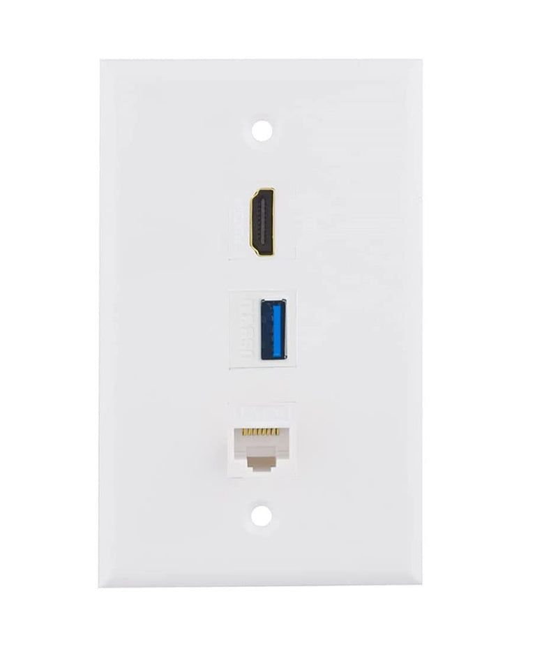 Halokny Wall Plate 3Port HDMI USB Outlet Wall Plate, 1 x HDMI Jack + 1 x Cat6 RJ45 Ethernet + 1 x USB 3.0 Jack Support Keystone Wall Plate for Face Plate, White