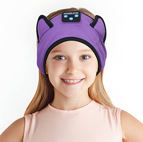 Kids Bluetooth Headphones, KIDSBAND Sleep Headband [Wireless & Wired Palyback 2in1] Wired with Microphone Headphones for Kids with Stereo Sound,Foldable Kids Headphones for School/Travel/Tablet/Sleep Purple