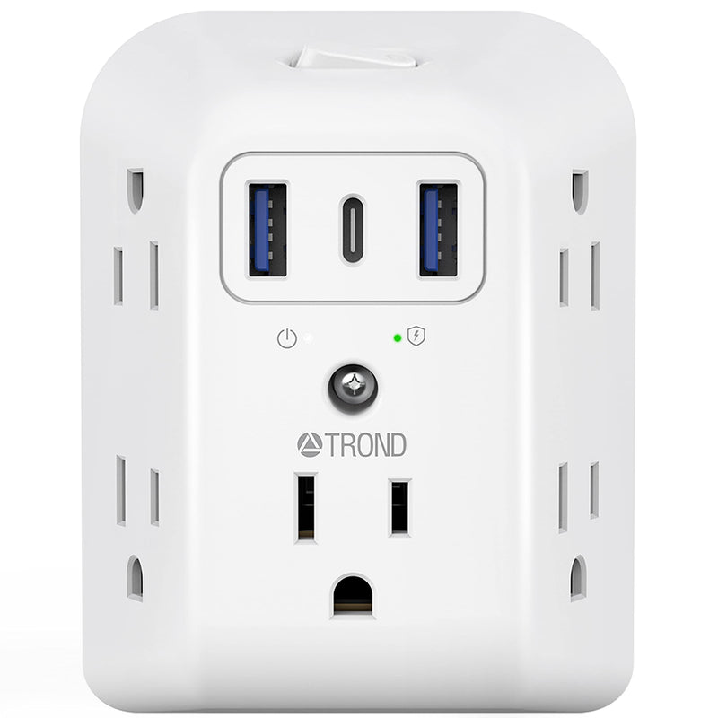 USB Wall Charger, Surge Protector, TROND 5 Outlet Extender with 3 USB Charging Ports (1 USB C) 3 Sided 1440J Multi Plug Outlets, Wall Mount Power Strip for Home Travel Office（ON/Off Switch） 5 outlets