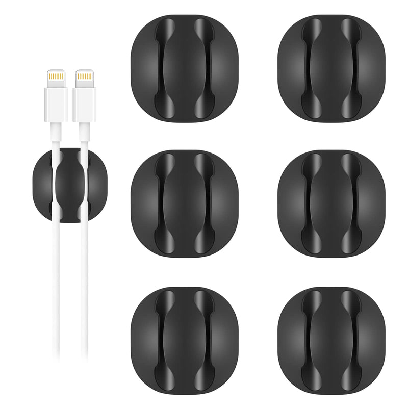 Shintop Cable Clips, 6 Pack Black Double Cord Holder Adhesive Cable Management Wire Organizer for Organizing Desk Nightstand Car Phones Chargers Large