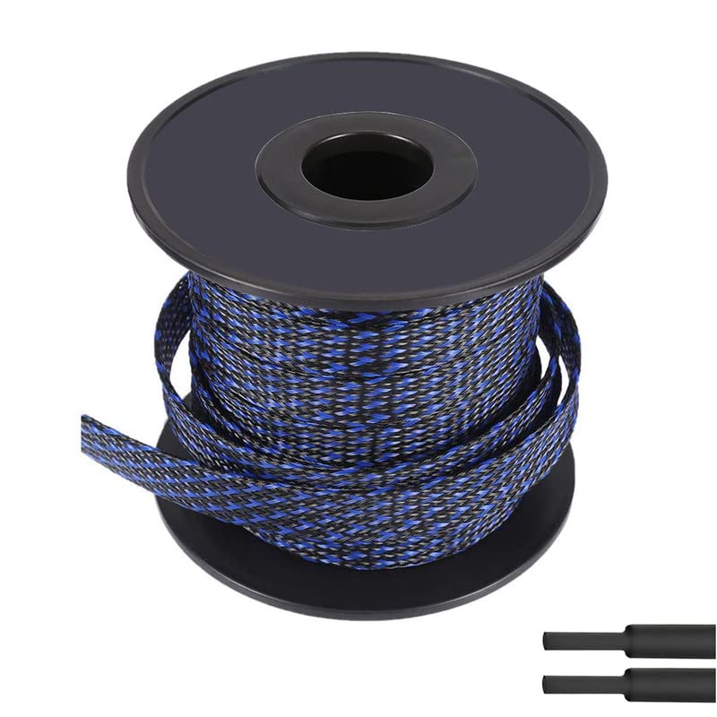 PET Expandable Braided Sleeving Wire Loom 1/4 Inch Cable Wrap Cable Sleeve Wire Protector Sleeve Tubing 100Feet, Blue&Black 1/4''-100Feet Blue & Black