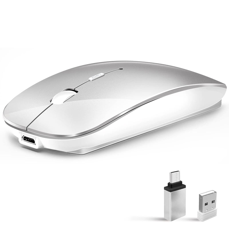 Wireless Mouse for Laptop, Bluetooth Mouse for MacBook Pro/Air/Mac/iPad/Chromebook/Computer -Rechargeale Dual Mode(USB 2.4Ghz + Bluetooth 5.2) Silent Cordless Mouse with USB C Adapter Silver