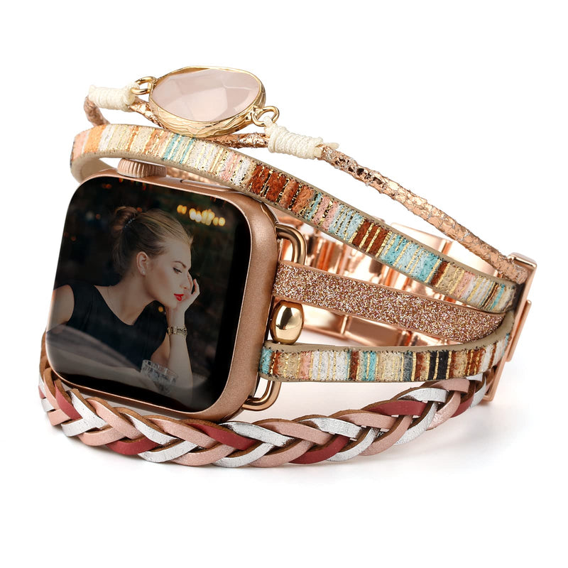 CHARMINGO Boho Leather Wrap Bands Compatible with Apple Watch Band Bracelet for Women Men 38mm/40mm/41mm 42mm/44mm/45mm/49mm, Multilayer Apple Watch Strap for Iwatch Band Series 8/7/6/5/4/3/2/1/SE Ultra Pink