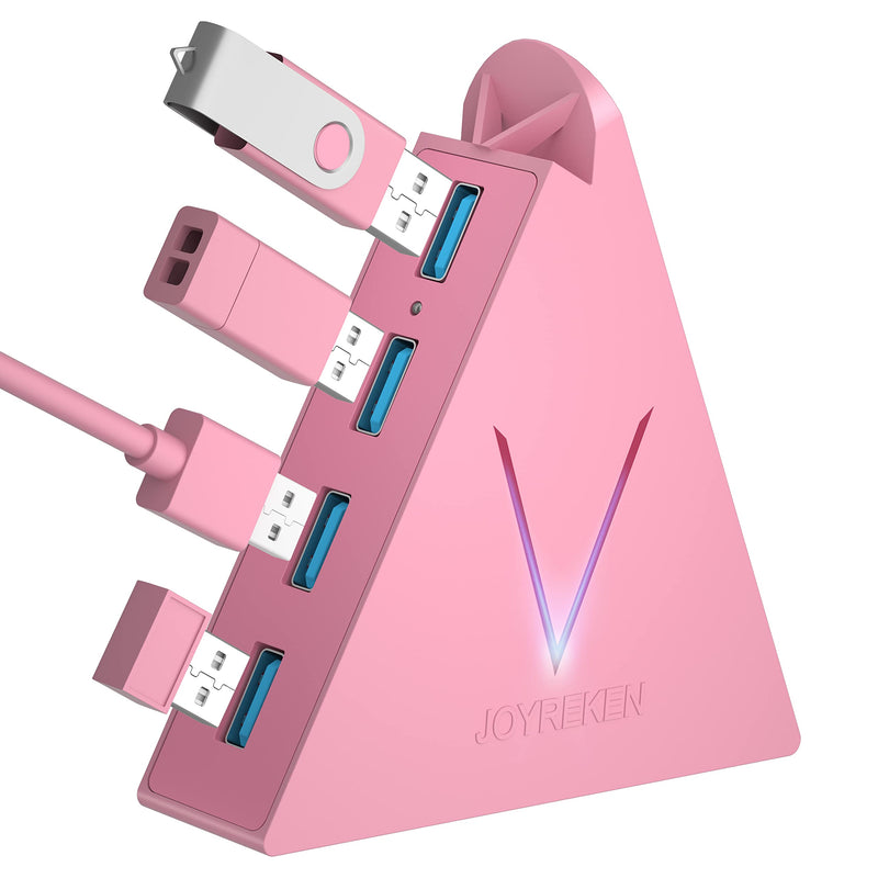 JoyReken 4-Port USB 3.0 Hub, FlyingVHUB Vertical Data USB Hub with 2 ft Extended Cable, for Mac, PC, Xbox One, PS4, PS5, iMac, Surface Pro, XPS, Laptop, Desktop, Flash Drive, Mobile HDD(Pink) Pink