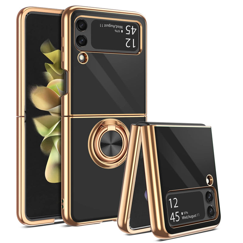 BENTOBEN Galaxy Z Flip 3 Case 5G with 360° Ring Holder, Shockproof Slim Kickstand Magnetic Support Car Mount Women Men Non-Slip Protective Phone Case for Samsung Galaxy Z Flip 3, Black/Gold C877-Black