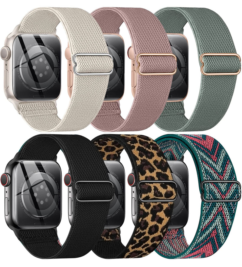 BELONGME 6 Packs Stretchy Nylon Solo Loop for Apple Watch Band Series Ultra SE 8 7 6 5 4 3 2 1 40mm 38mm 44mm 42mm 45mm 41mm 49mm, Women and Men Sport Apple Watch Bands Replacement for iWatch Bands A--Black/Rose Pink/Cactus/Starlight/Leopard/Green Arrow