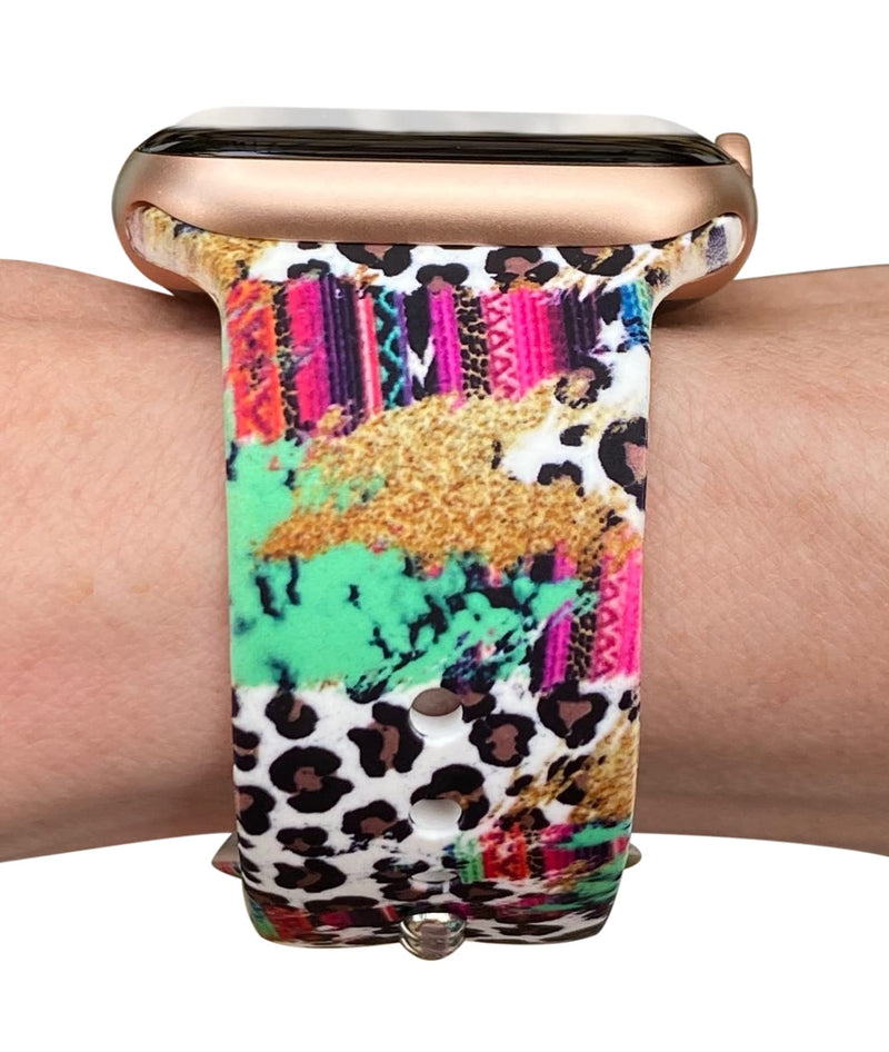 LuxBands Leopard Printed Watch Band Compatible with Apple Watch Bands 38mm 40mm 41mm 42mm 44mm 45mm Silicone Replacement for iWatch Series 8 7 6 5 4 3 2 1 SE, Leopard Serape Western 42-45mm Small/Medium
