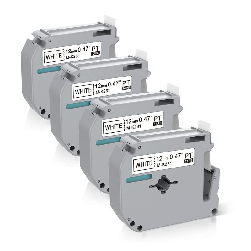 4 x Label Maker Tape Replacement for Brother P Touch M Tape M-K231 M-K231s MK231 MK-231 M231 12mm 0.47 White, Compatible with Brother P Touch PT-M95,PT-90,PT-70,PT-65,PT-85 Label Maker Refills,26.2 Ft 4