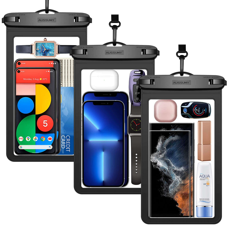 Aussumy 10.5" XL Large Waterproof Phone Pouch : 3 Pack Underwater Clear Cellphone Holder - Universal Water Proof Dry Bag Case with Neck Lanyard for iPhone Samsung Galaxy Cell for Beach Swimming Pool Black+Black+Black