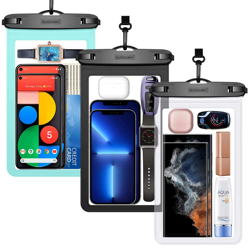 Aussumy 10.5" XL Large Waterproof Phone Pouch : 3 Pack Underwater Clear Cell Holder Protector - Universal Water Proof Dry Bag Case with Neck Lanyard for iPhone Samsung Galaxy for Beach Swimming Pool