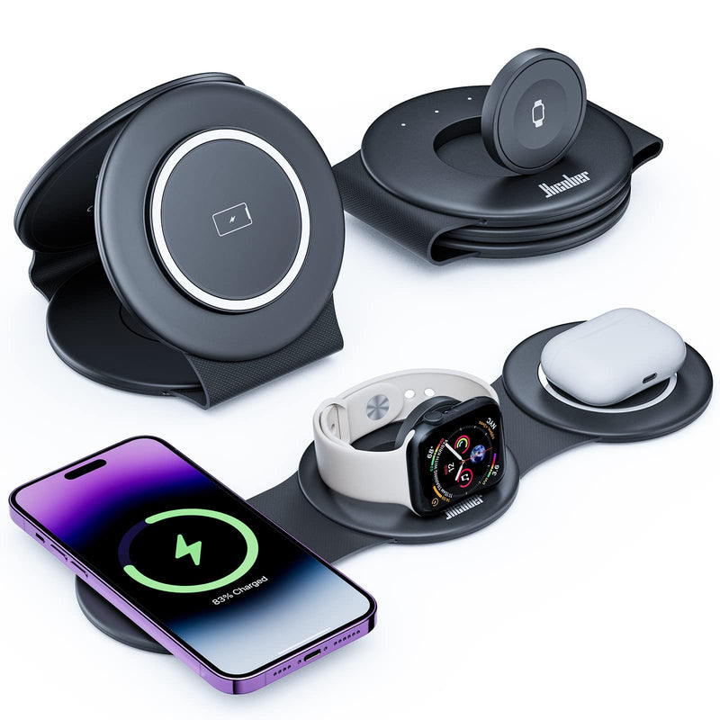 Travel 3 in 1 Charging Station for Apple Magsafe Charger, Hicober Foldable Wireless Charger Stand Compatible for iPhone Multiple Devices Apple Watch/iWatch/Airpods/iPhone 14 13 12 Pro Max Black