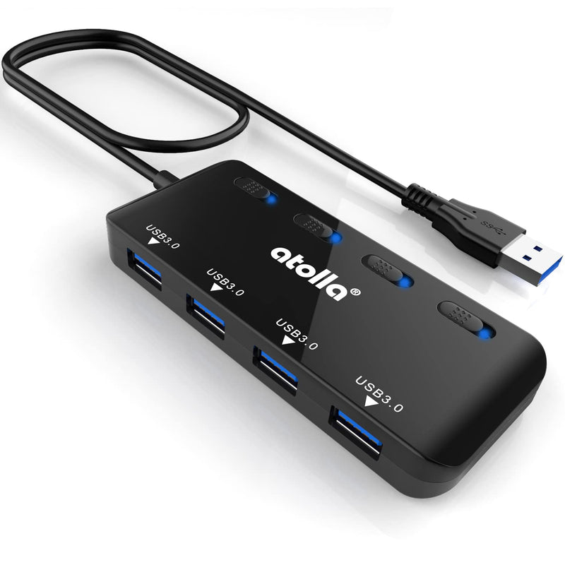 USB Hub, 4-Port USB 3.0 Hub Splitter with 2 ft Extended Cable, Ultra Slim Data USB Extender with Individual Power Switches and LED