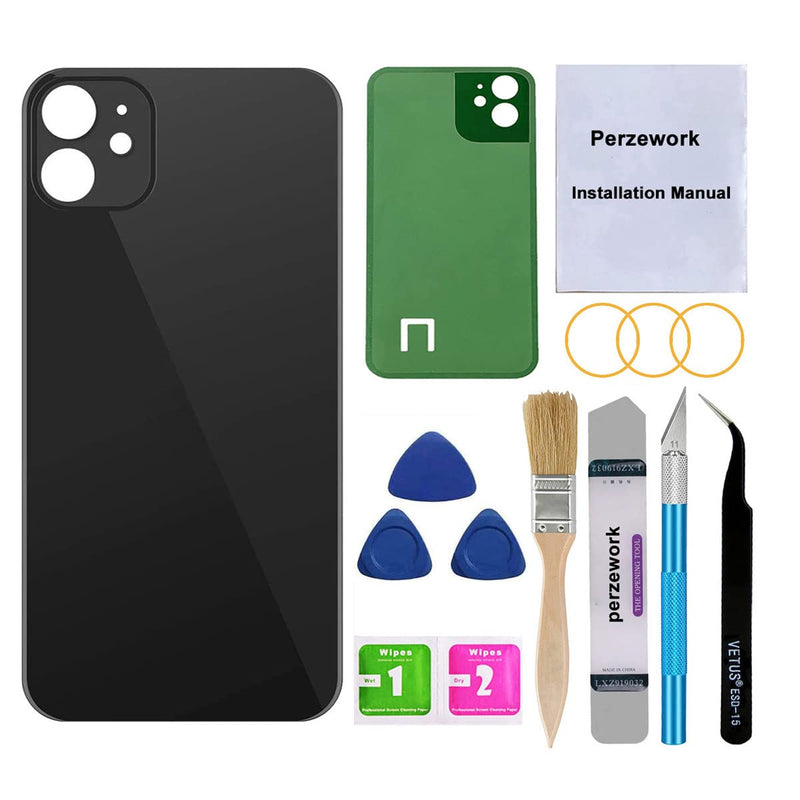 Perzework OEM Rear Back Glass Replacement for iPhone 11 6.1 inches with Reparing Toolkit and Pre-Installed Adhesive (Black) Black