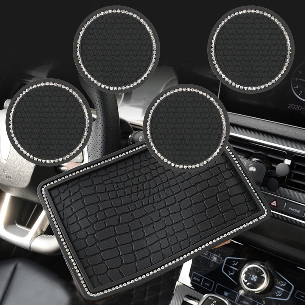 5pcs/Pack Universal Vehicle Bling Car Non Slip Mat, BetterJonny Anti-Slip Car Dash Grip Pad with 4 Pack Car Coasters for Cup Holders Non-Slip PVC Pad Crystal Rhinestone Mat for Car (Crystals)