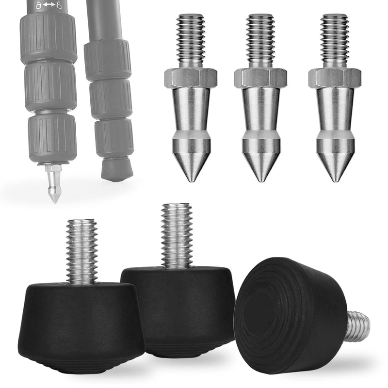 Rigych 3 Sets of 1/4 Thread Rubber Tripod Feet Universal Anti-Slip & Stainless Steel Tripod Spike Feet, Tripod Feet Replacement Parts