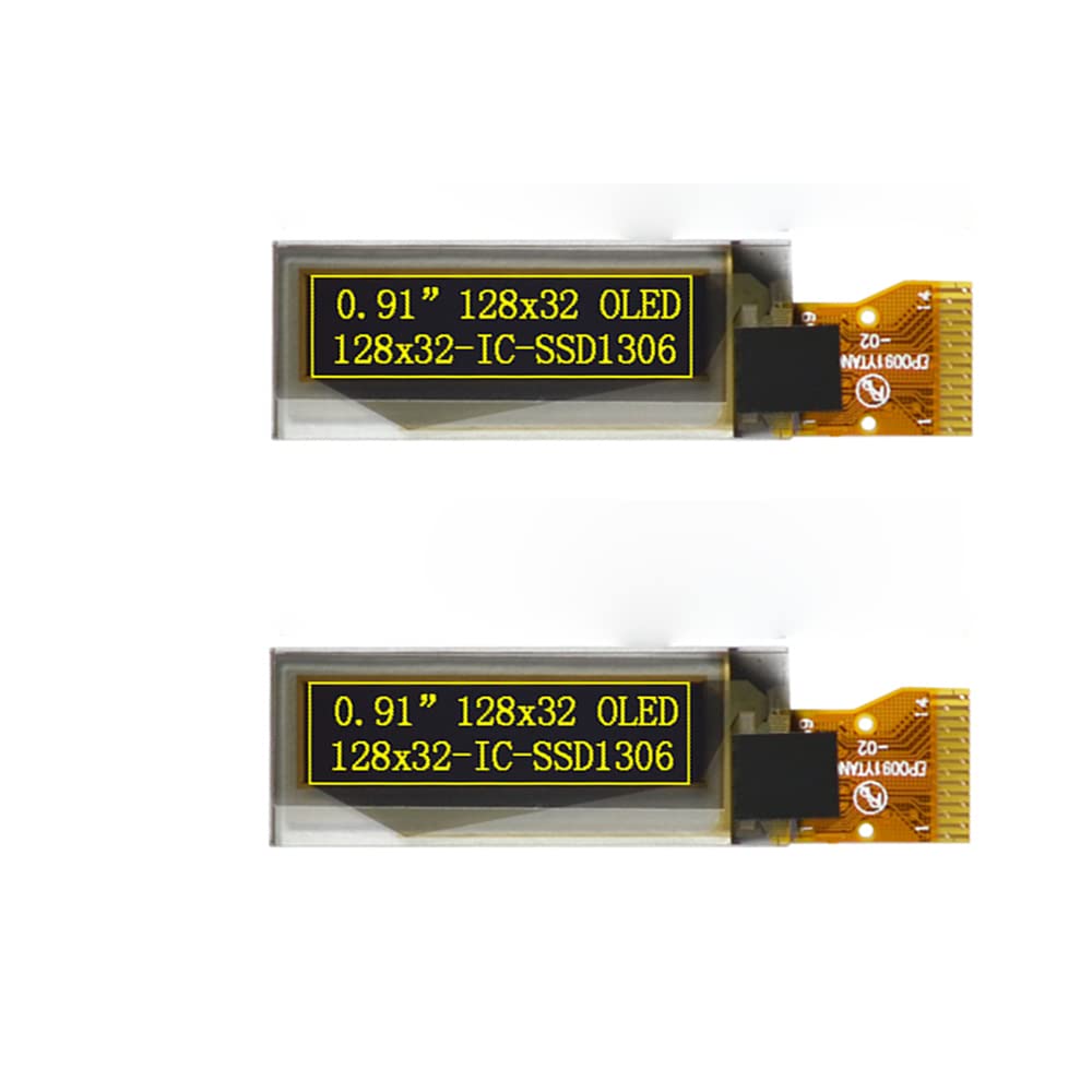 2pcs I2C OLED Display Module 0.91 Inch I2C SSD1306 OLED Display Module Yellow I2C OLED Screen Driver DC 3.3V~5V for Ar duino STM32 (Only Screen) Yellow (Only Screen)