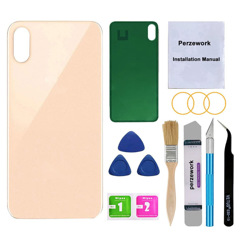 Perzework OEM Rear Back Glass Replacement for iPhone Xs Max 6.5 inches with Reparing Toolkit and Pre-Installed Adhesive (Gold) Gold