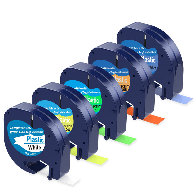 5 X Fluorescent Label Tape Compatible with DYMO Label Maker Refills 12mm x 4m Letra Tag LT100T LT100H QX50 Label Makers 5