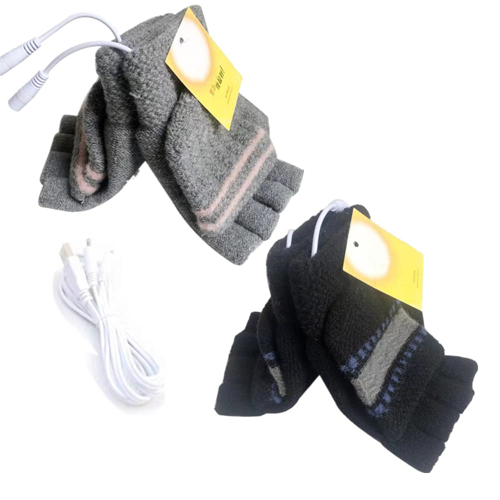 Women's & Men's 2 Pack USB Heated Gloves Mitten Winter Hands Warm Laptop Gloves, Knitting Hands Full & Half Heated Fingerless Heating Warmer Washable Design (Gray + Deep Gray)