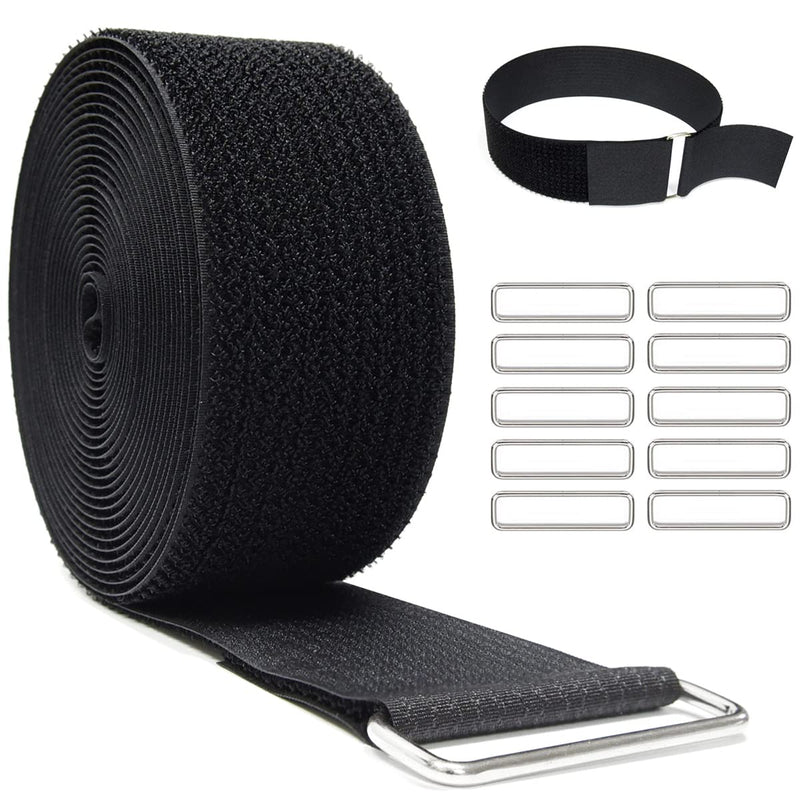 YMCRLUX 2" x16ft Reusable Cinch Strap with 10 Metal Buckles, Cut-to-Length Fastening Securing Straps, Adjustable Nylon Cable Straps and Cord Ties for Organizer or Storage, 2 inch Wide, Black 2in x 16ft