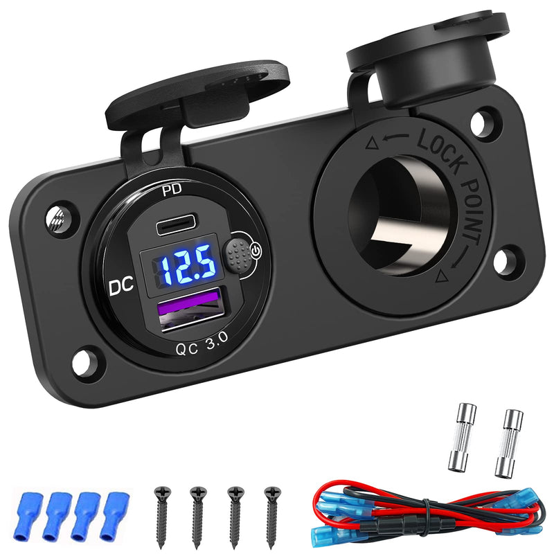 Cigarette Lighter Socket 12 Volt USB Outlet: PD 20W USB C and QC3.0 Car USB Port Aluminum Metal 12V Plug, 150W Car Charger USB Socket Panel with Power Switch LED Voltmeter for Marine Boat RV Golf Cart