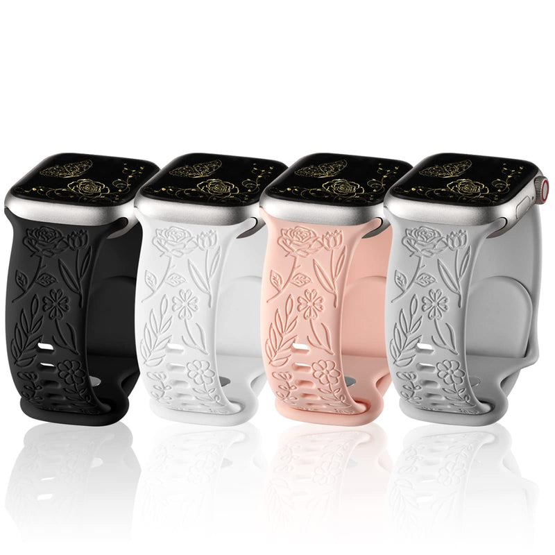 DaQin Flower Engraved Bands Compatible with Apple Watch Band 38mm 40mm 41mm 42mm 45mm 49mm 44mm Women Girl, Soft Silicone Wristbands Replacement for Apple Watch Ultra/iWatch Series 8 7 6 5 4 3 2 1 SE Black/White/Gray/Pink Sand 38mm/40mm/41mm