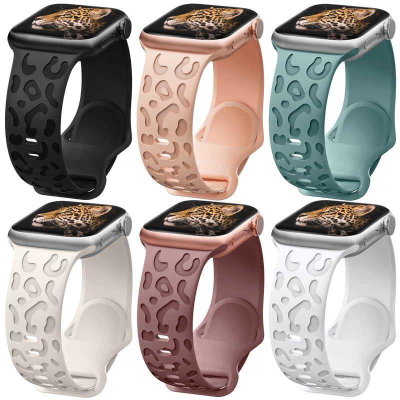 6 Pack Leopard Engraved Band Compatible with Apple Watch Band 40mm 38mm 41mm 44mm 42mm 45mm 49mm, Waterproof Cheetah Sport Silicone Wristbands Replacement for iWatch Series 8 7 6 5 4 3 2 SE for Women 42mm/44mm/45mm/49mm