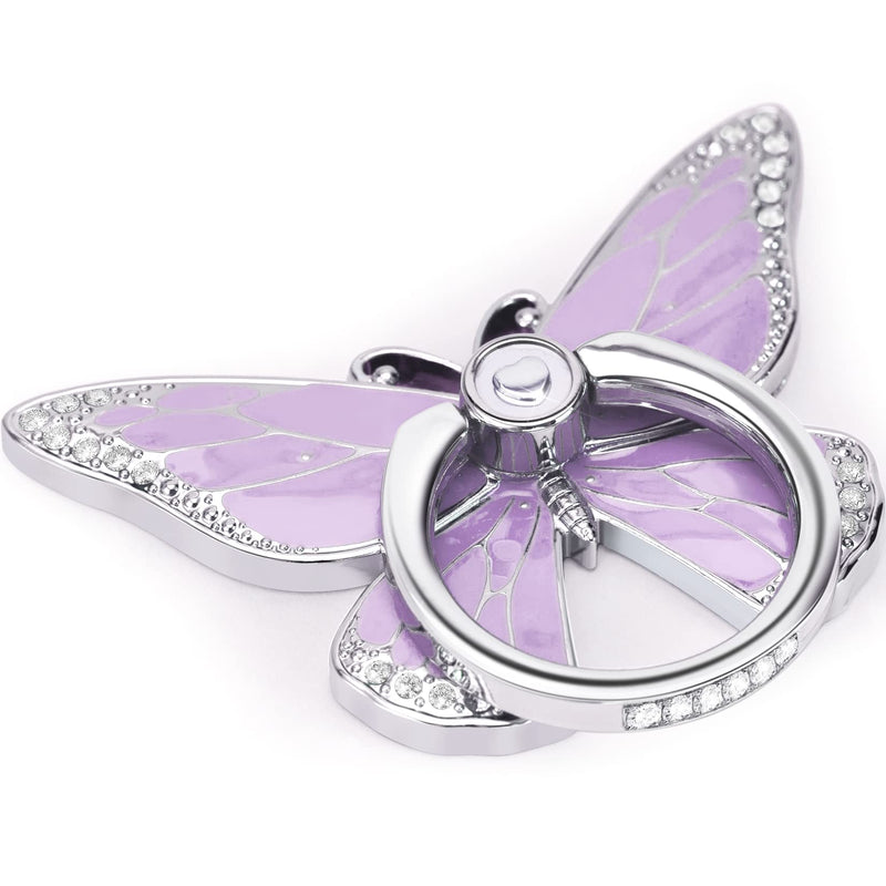 Butterfly Cell Phone Ring Holder Stand, 360°Rotation Metal Finger Kickstand, Compatible with iPhone, Samsung Galaxy, and Smartphone (Silver Purple Clear) silver purple clear