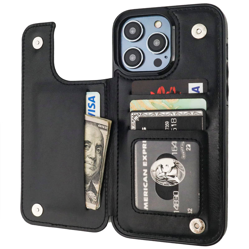 ONETOP Compatible with iPhone 14 Pro Max Wallet Case with Card Holder, PU Leather Kickstand Card Slots Case, Double Magnetic Clasp and Durable Shockproof Cover 6.7 Inch (Black) Black
