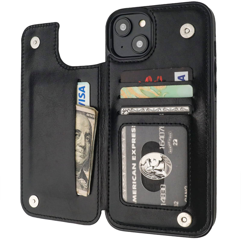 ONETOP Compatible with iPhone 14 Plus Wallet Case with Card Holder, PU Leather Kickstand Card Slots Case, Double Magnetic Clasp and Durable Shockproof Cover 6.7 Inch (Black) Black