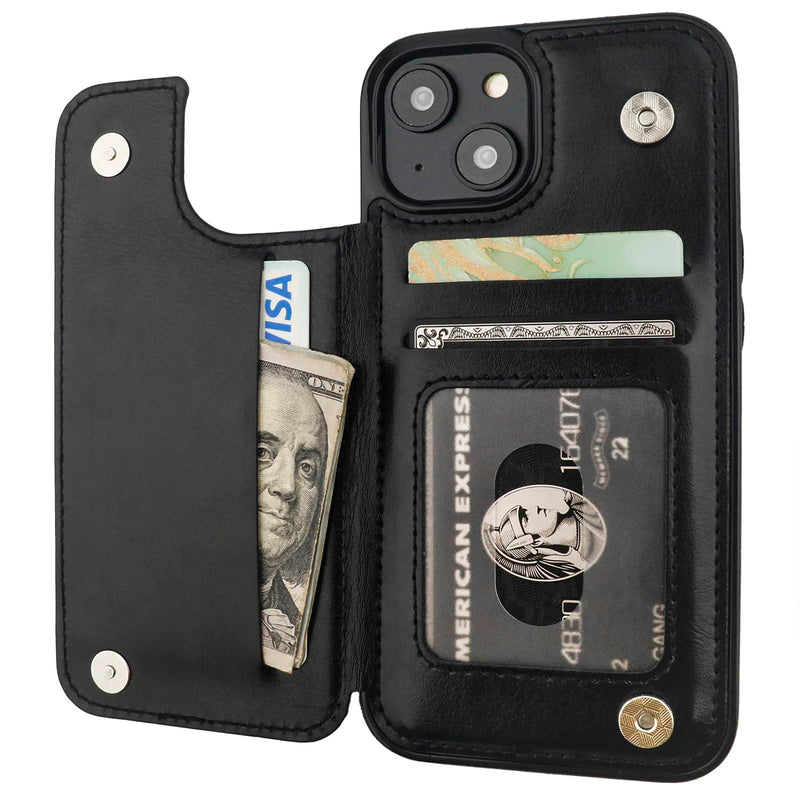 ONETOP Compatible with iPhone 14 Wallet Case with Card Holder, PU Leather Kickstand Card Slots Case, Double Magnetic Clasp and Durable Shockproof Cover 6.1 Inch (Black) Black